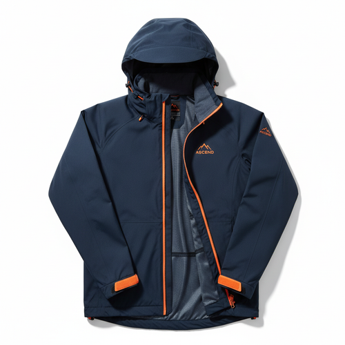 Cortavientos impermeable azul marino y naranja